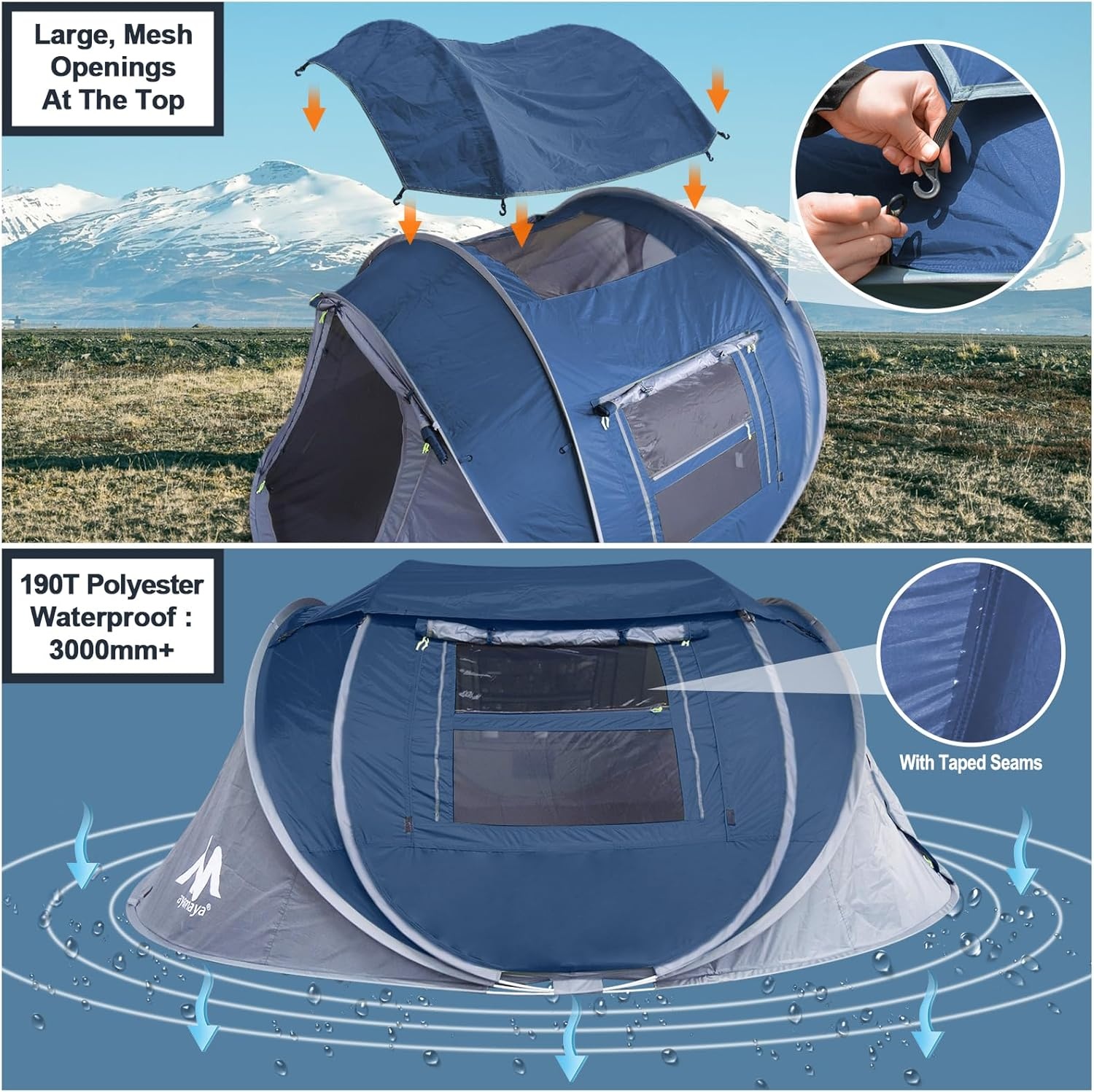 Pop-up tent voor 3-4 personen, werptent met groot dakraam, automatische strandtent, voor 4 personen, waterdichte strandtent, festivaltent, snel op te bouwtent voor outdoor, camping, picknick,