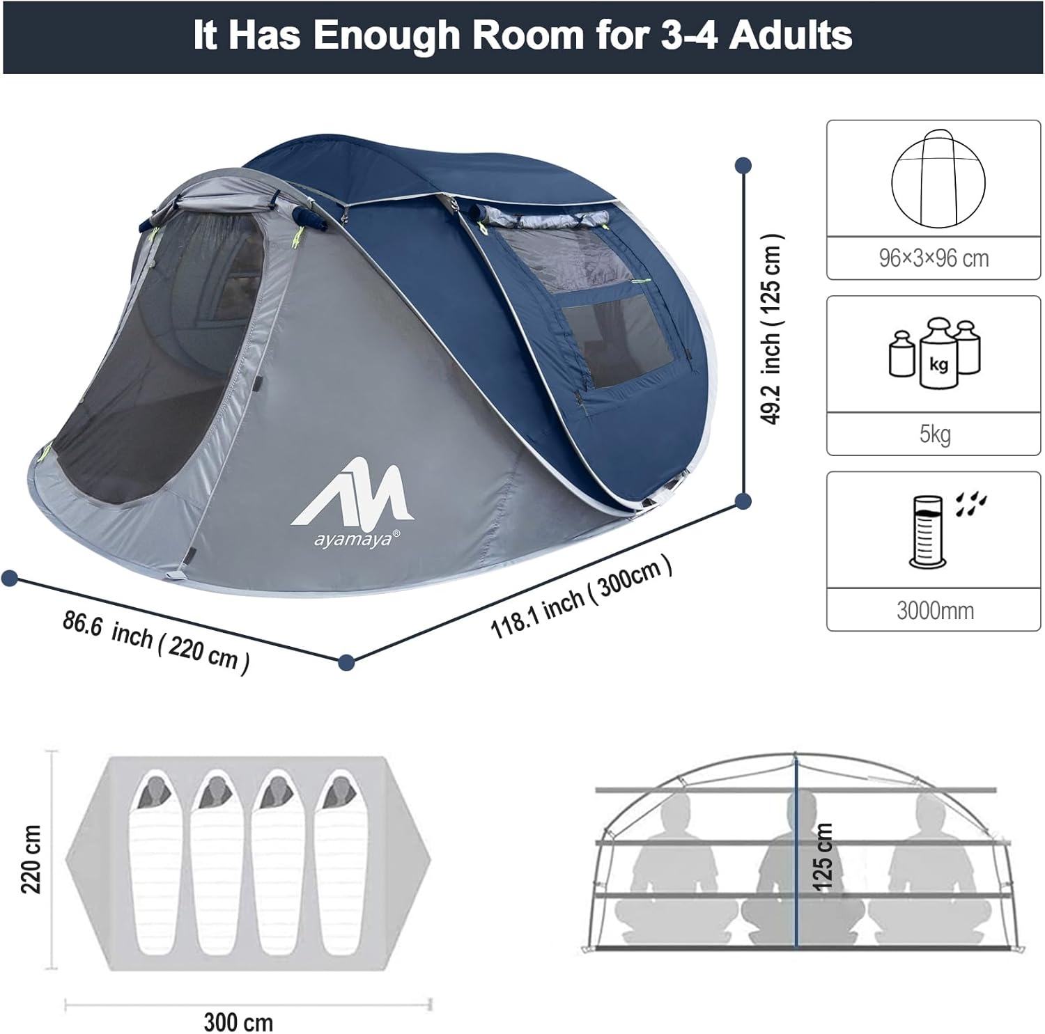 Pop-up tent voor 3-4 personen, werptent met groot dakraam, automatische strandtent, voor 4 personen, waterdichte strandtent, festivaltent, snel op te bouwtent voor outdoor, camping, picknick,