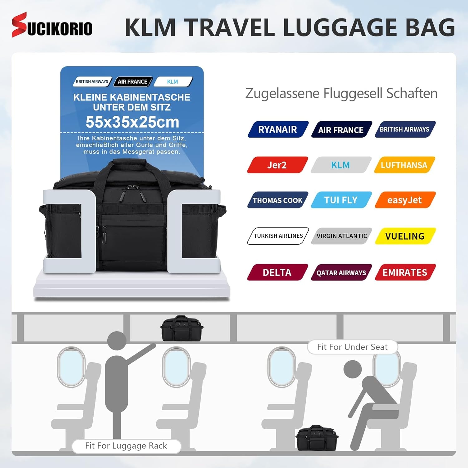 55x35x25cm KLM Draag Bagage Tas Voor Vliegtuig 3 IN 1 Reistas Waterdichte Oxford Reisrugzak Cabinetas 50L Draag op Bagage Weekender Rugzak Koffer Met Natte Tas Voor Reizen