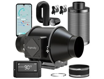 Aygrochy Afvoerluchtset voor Tente de Culture Hydroponique, 100 mm ventilator met wifi-app, temperatuur- en vochtigheidsregelaar, koolstoffilter en afvoerslang voor gordijnen.