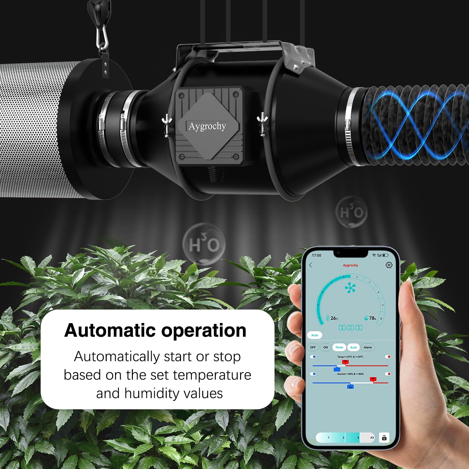 Aygrochy Afvoerluchtset voor Tente de Culture Hydroponique, 100 mm ventilator met wifi-app, temperatuur- en vochtigheidsregelaar, koolstoffilter en afvoerslang voor gordijnen.