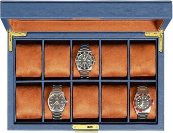ROTHWELL Lederen horlogedoos met 10 sleuven - luxe horlogekast display sieraden organizer - vergrendelende horlogevitrine houder met grote glazen bovenkant - horlogedoos organizer voor mannen en