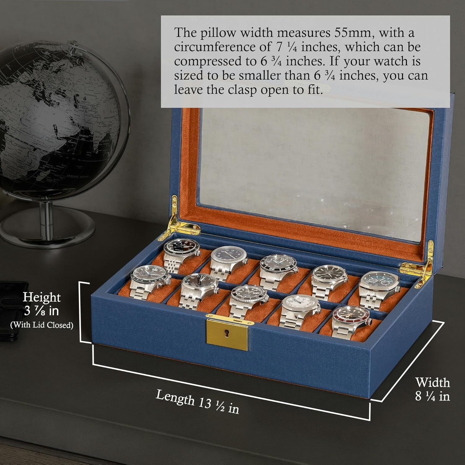 ROTHWELL Lederen horlogedoos met 10 sleuven - luxe horlogekast display sieraden organizer - vergrendelende horlogevitrine houder met grote glazen bovenkant - horlogedoos organizer voor mannen en
