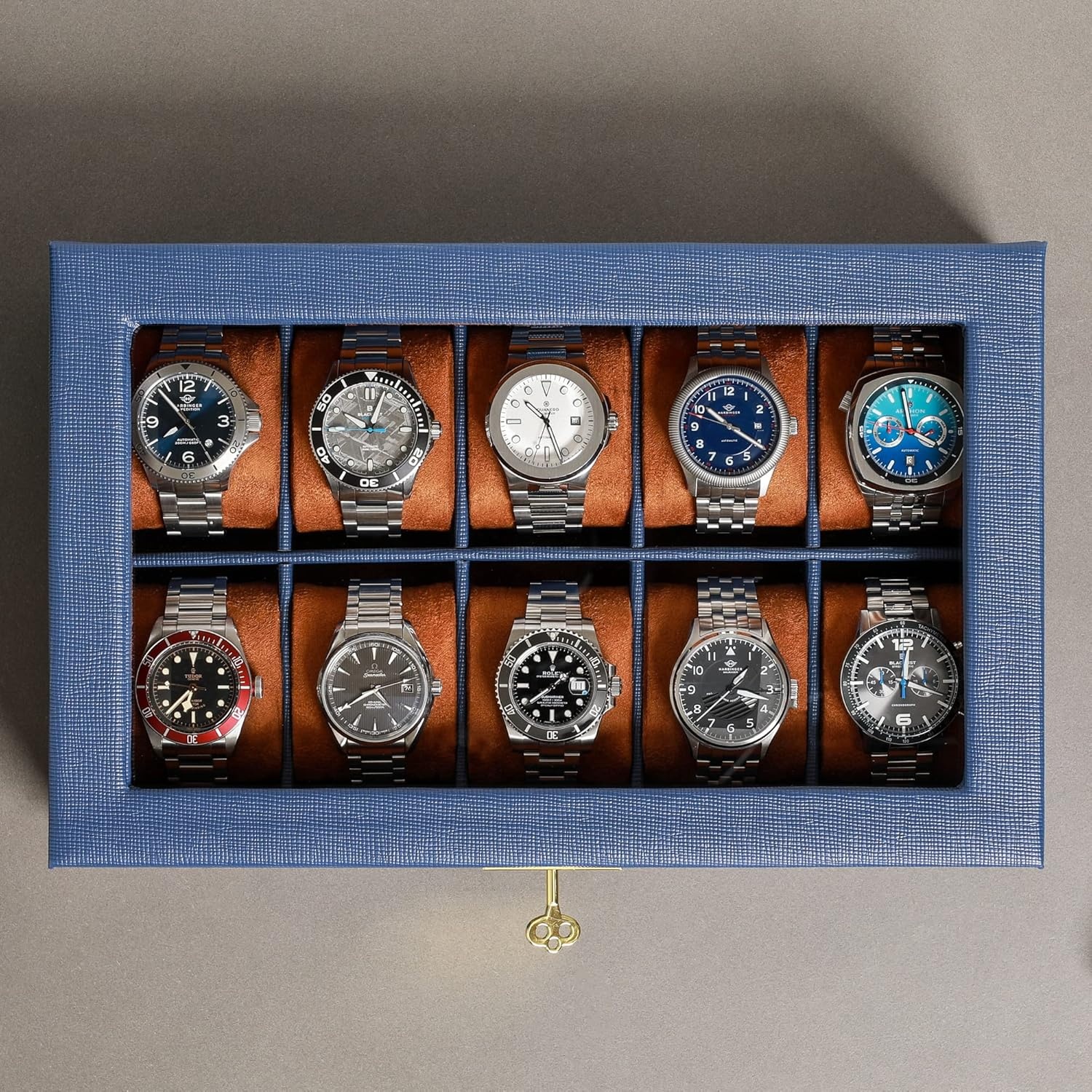 ROTHWELL Lederen horlogedoos met 10 sleuven - luxe horlogekast display sieraden organizer - vergrendelende horlogevitrine houder met grote glazen bovenkant - horlogedoos organizer voor mannen en