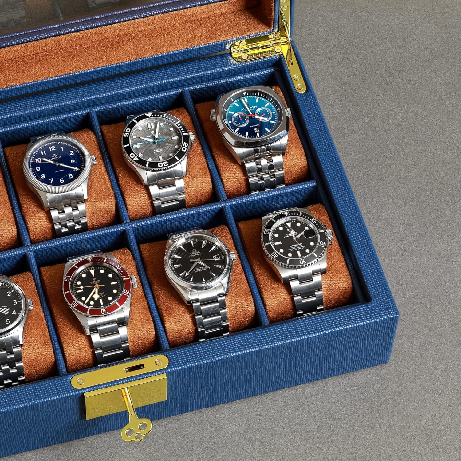 ROTHWELL Lederen horlogedoos met 10 sleuven - luxe horlogekast display sieraden organizer - vergrendelende horlogevitrine houder met grote glazen bovenkant - horlogedoos organizer voor mannen en