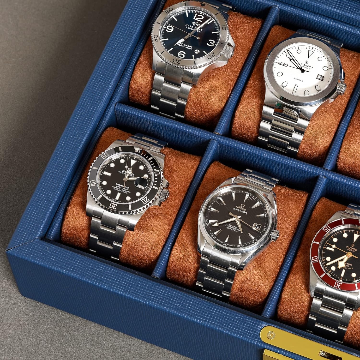 ROTHWELL Lederen horlogedoos met 10 sleuven - luxe horlogekast display sieraden organizer - vergrendelende horlogevitrine houder met grote glazen bovenkant - horlogedoos organizer voor mannen en