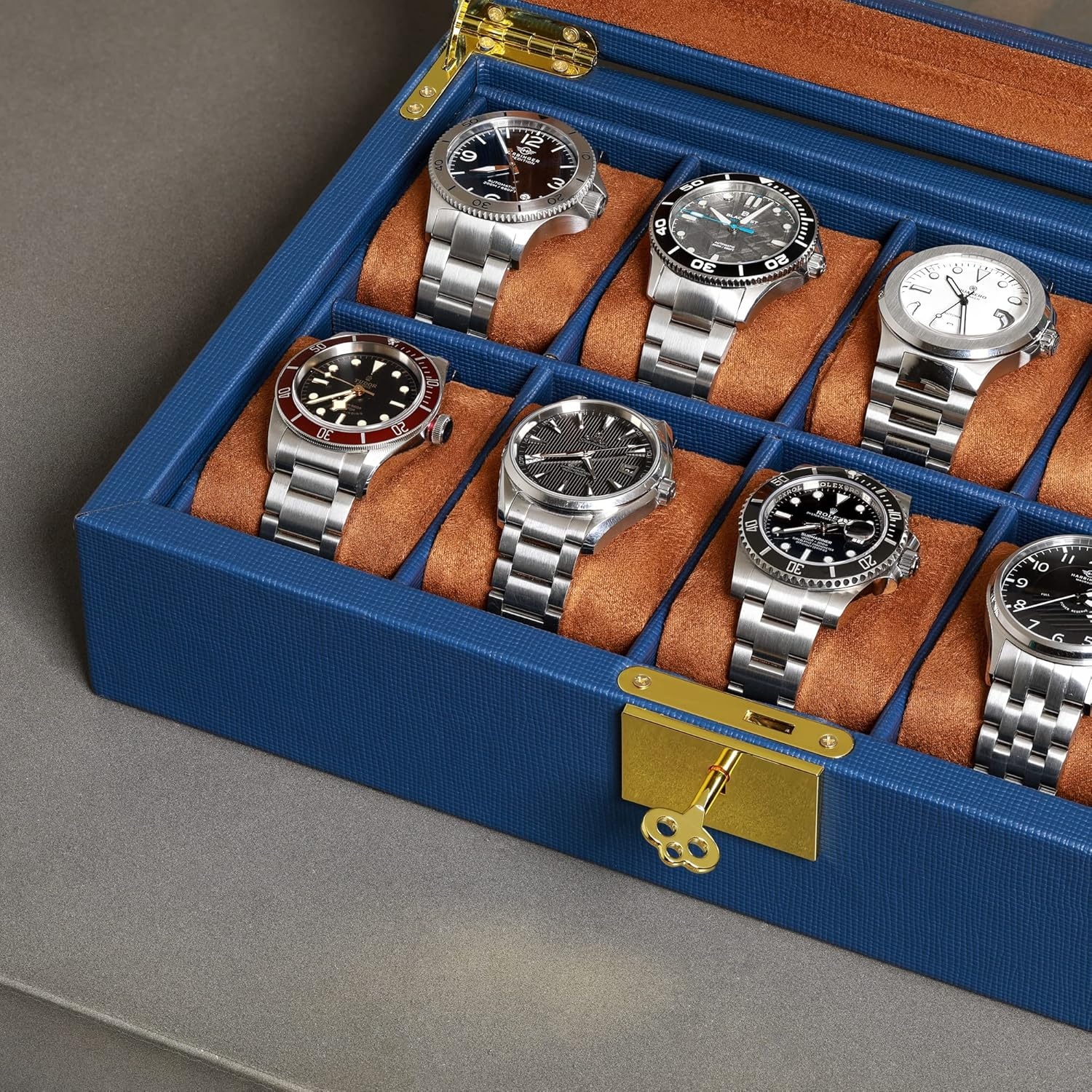 ROTHWELL Lederen horlogedoos met 10 sleuven - luxe horlogekast display sieraden organizer - vergrendelende horlogevitrine houder met grote glazen bovenkant - horlogedoos organizer voor mannen en