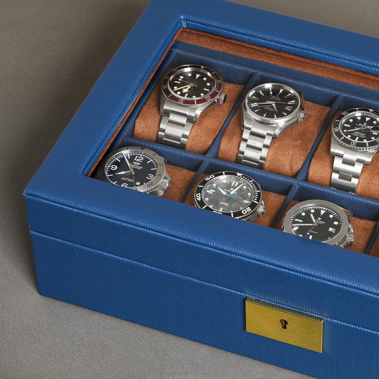 ROTHWELL Lederen horlogedoos met 10 sleuven - luxe horlogekast display sieraden organizer - vergrendelende horlogevitrine houder met grote glazen bovenkant - horlogedoos organizer voor mannen en