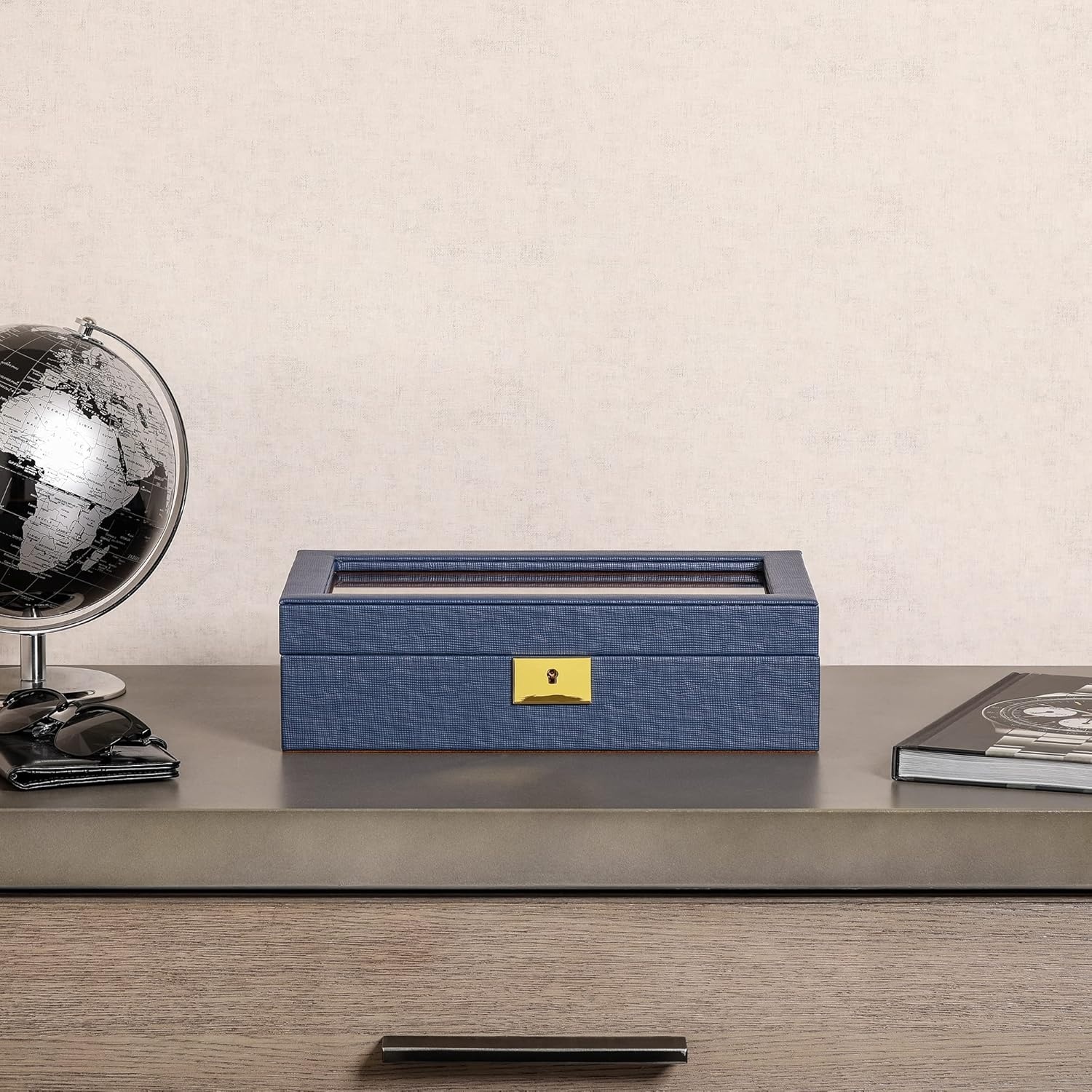 ROTHWELL Lederen horlogedoos met 10 sleuven - luxe horlogekast display sieraden organizer - vergrendelende horlogevitrine houder met grote glazen bovenkant - horlogedoos organizer voor mannen en