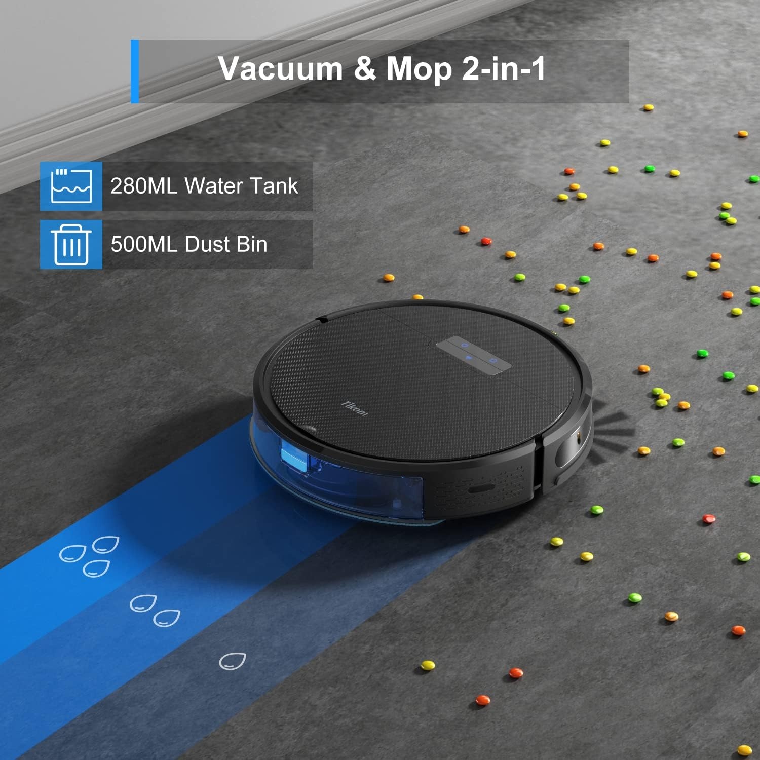 Tikom G8000 Pro Robotstofzuiger met dweilfunctie, 2-in-1, robotstofzuiger, 4500 Pa sterke zuigkracht, robotstofzuiger, oplaadbaar, wifi, max. 150 minuten, voor dierenharen, tapijt, harde vloeren
