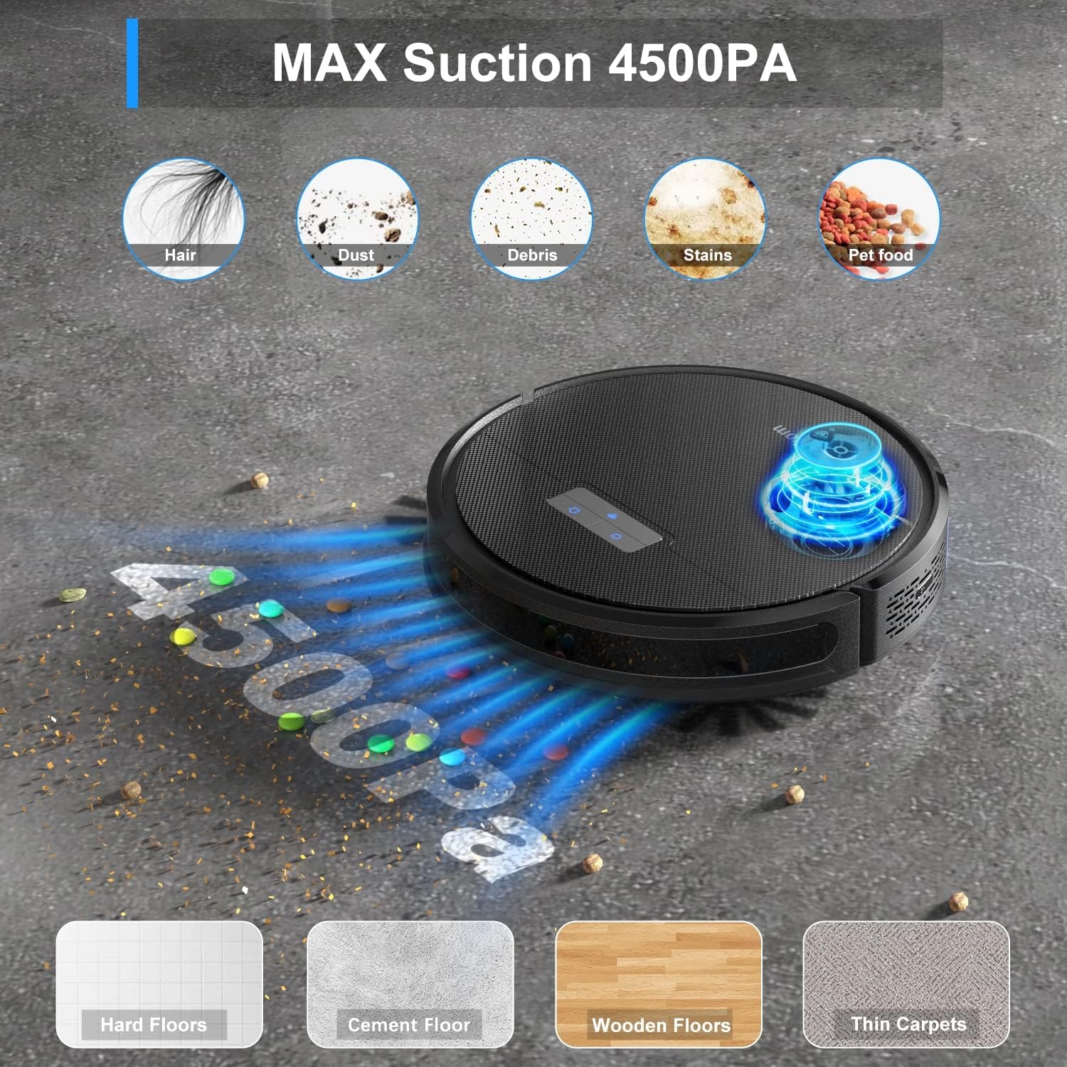 Tikom G8000 Pro Robotstofzuiger met dweilfunctie, 2-in-1, robotstofzuiger, 4500 Pa sterke zuigkracht, robotstofzuiger, oplaadbaar, wifi, max. 150 minuten, voor dierenharen, tapijt, harde vloeren