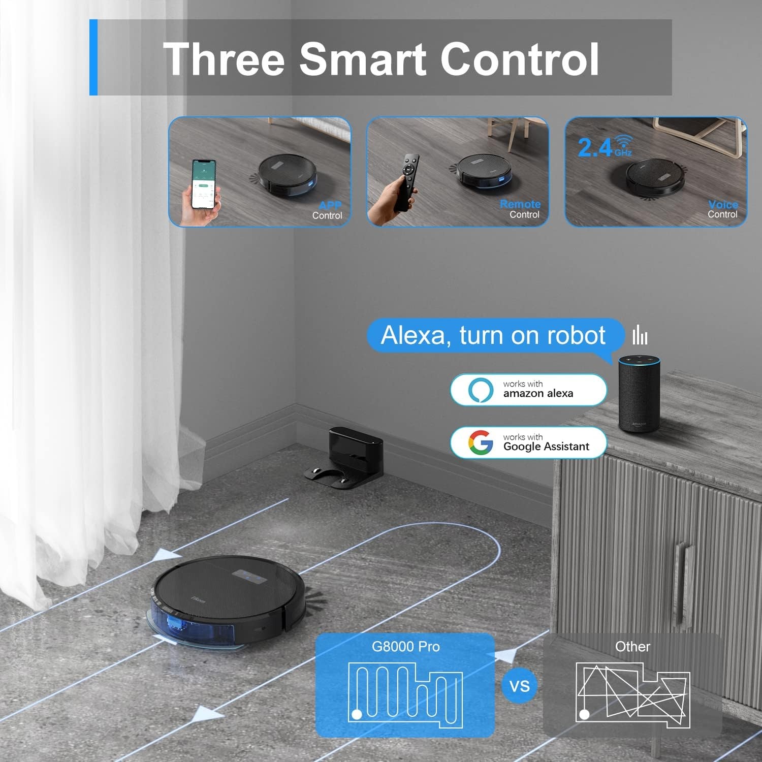 Tikom G8000 Pro Robotstofzuiger met dweilfunctie, 2-in-1, robotstofzuiger, 4500 Pa sterke zuigkracht, robotstofzuiger, oplaadbaar, wifi, max. 150 minuten, voor dierenharen, tapijt, harde vloeren