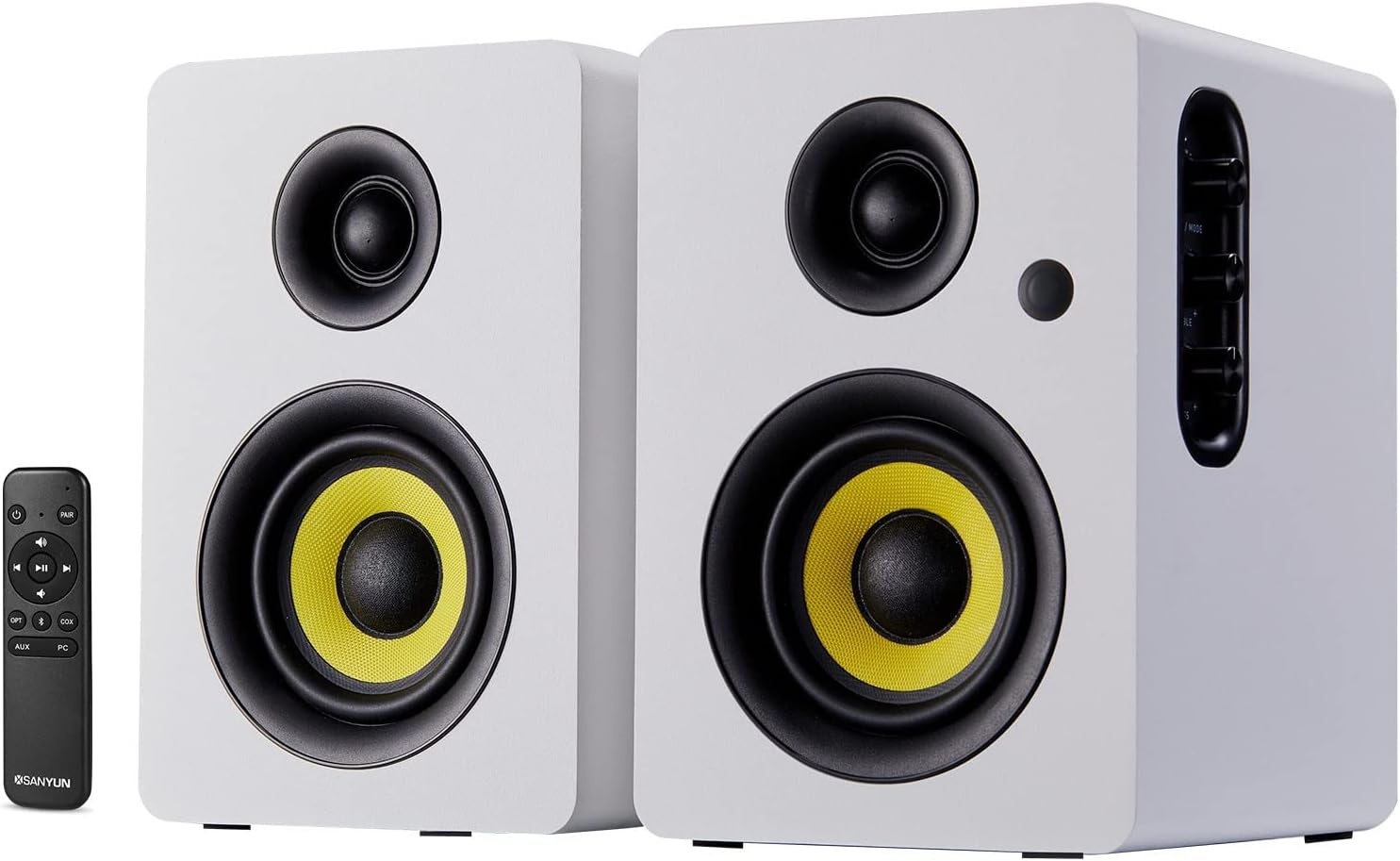 Sanyun SW206 80W Actieve Boekenplankluidsprekers, Wit, Dual-Mode Studio & HiFi