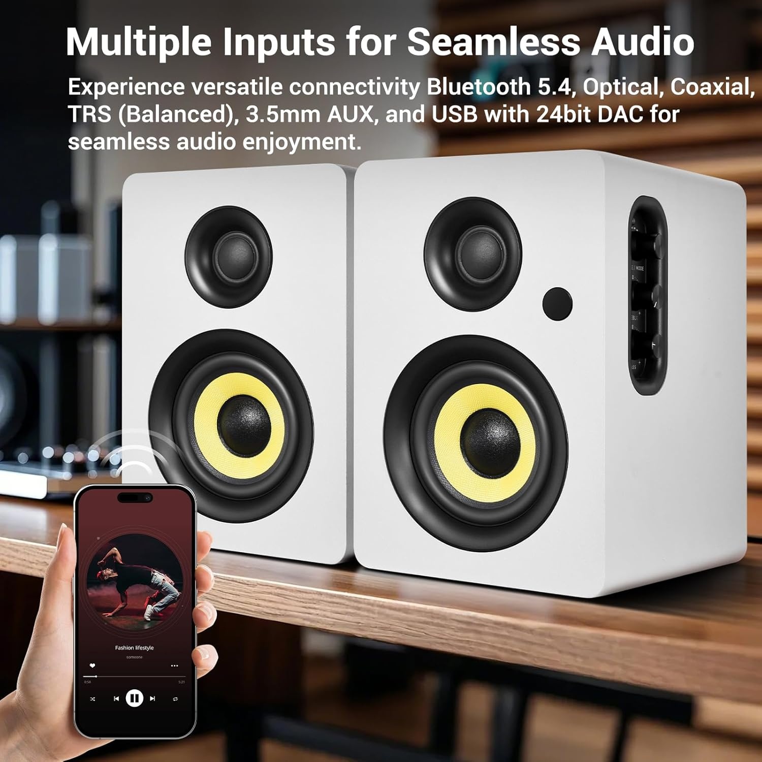 Sanyun SW206 80W Actieve Boekenplankluidsprekers, Wit, Dual-Mode Studio & HiFi
