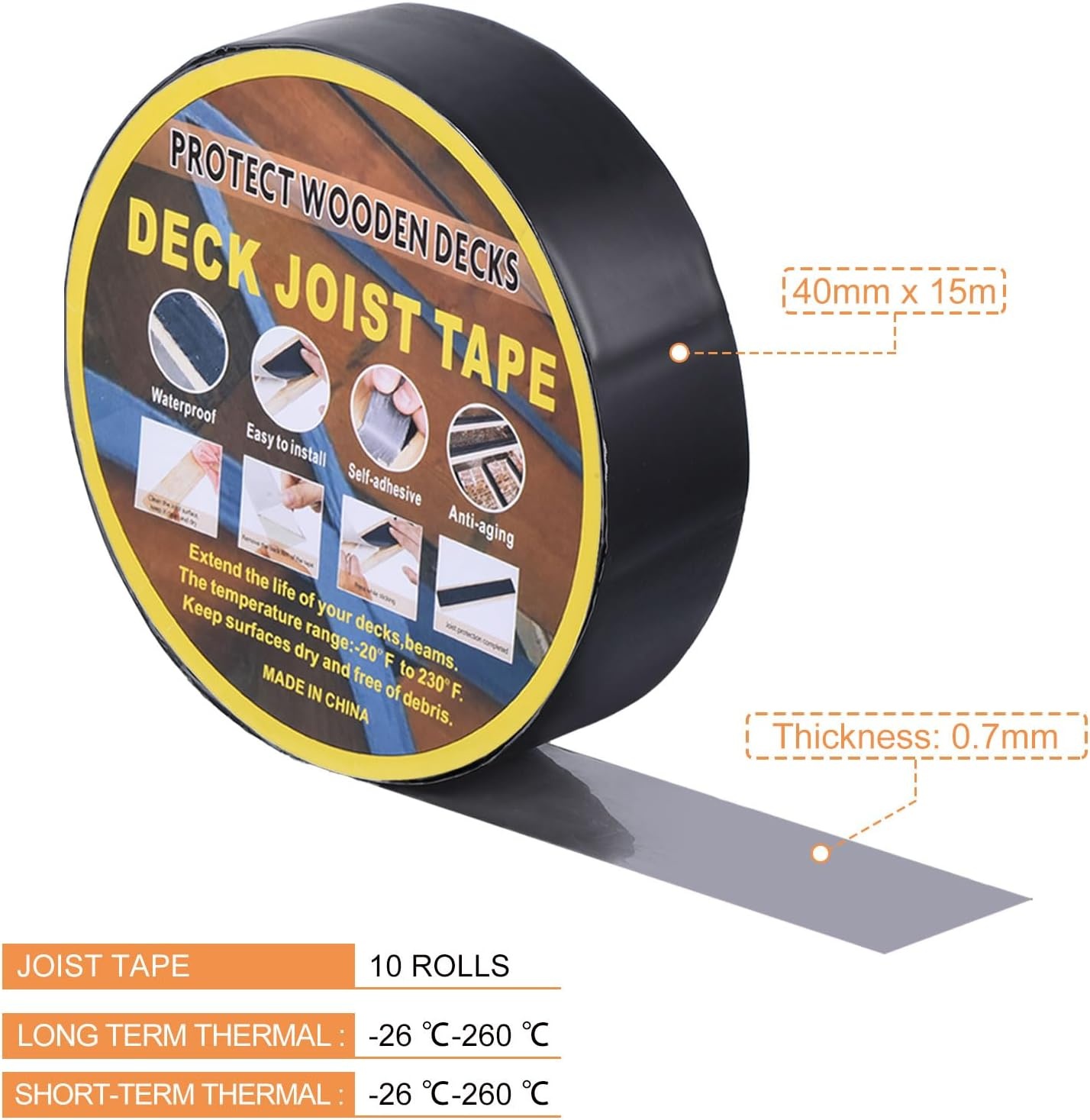 QUARKZMAN Band voor balken, brug 1-5/8 inch x 49 inch, 10 rollen butylbalkband voor steigers, waterdichte band voor balken en balken van hout, zwart