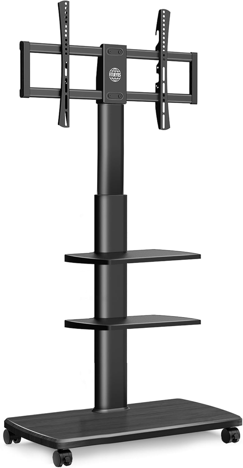 FITUEYES tv standaard verrijdbaar met hout-voet voor 32-70 inch, Draaibaar & Hoogte verstelbaar tv stand trolley wheel, universal vloerstandaard op wielen Max VESA 600x400mm