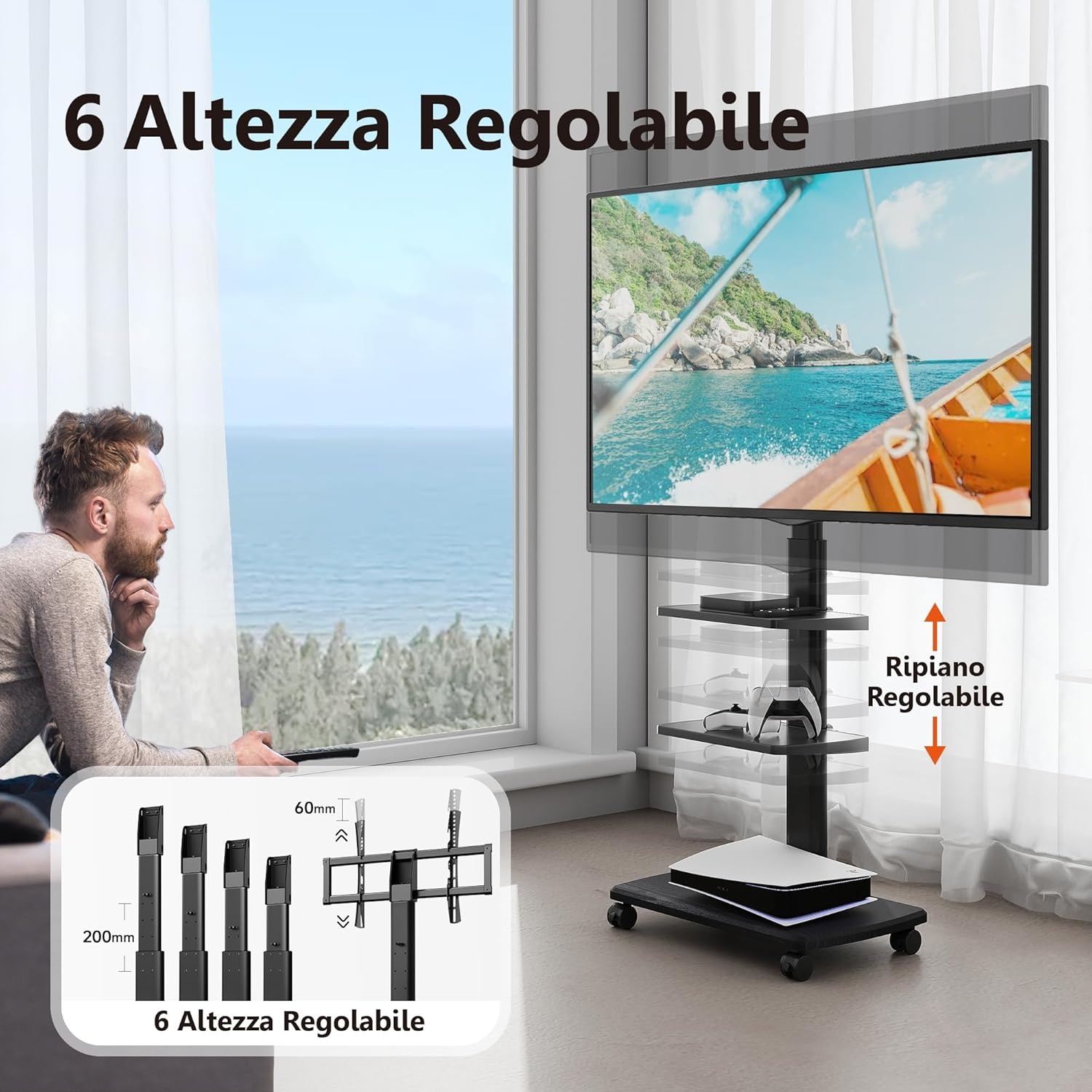 FITUEYES tv standaard verrijdbaar met hout-voet voor 32-70 inch, Draaibaar & Hoogte verstelbaar tv stand trolley wheel, universal vloerstandaard op wielen Max VESA 600x400mm