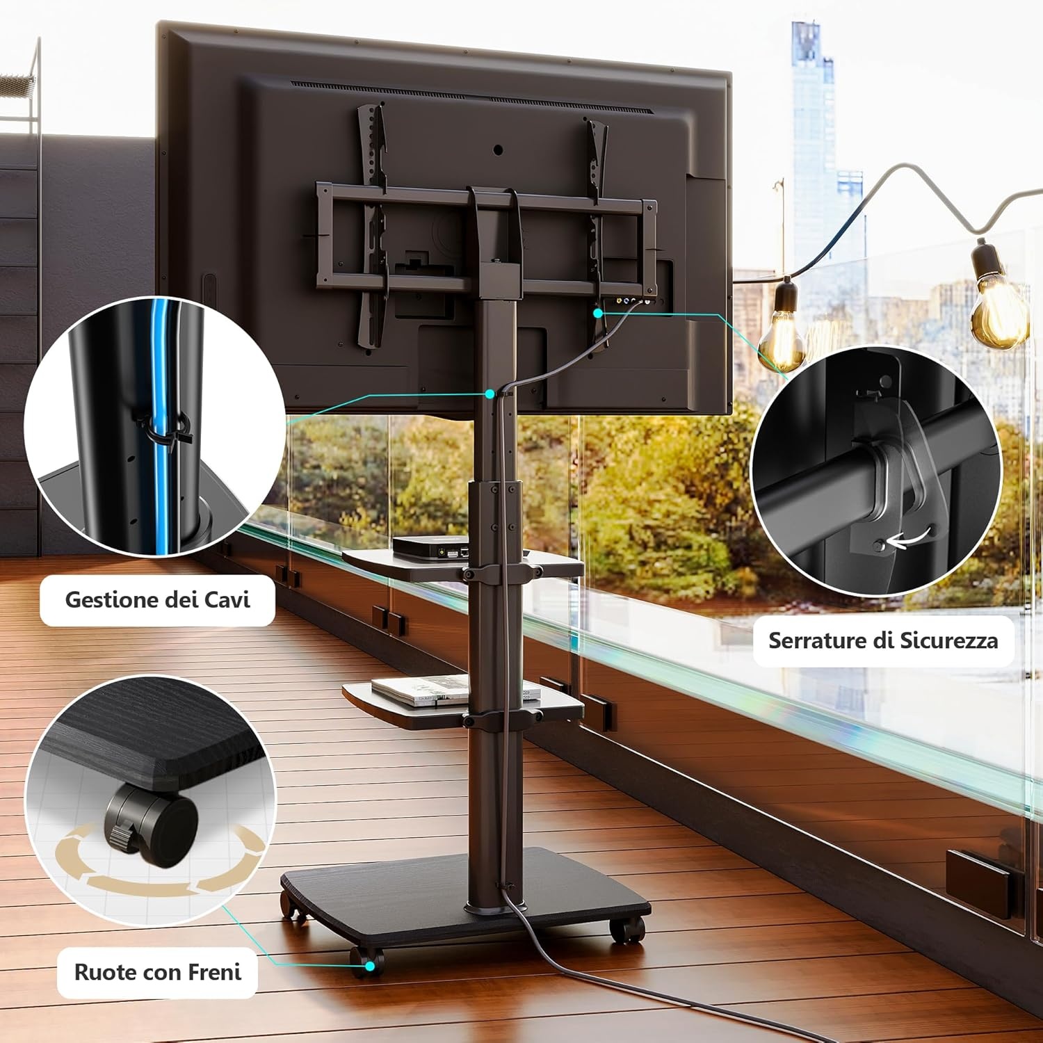 FITUEYES tv standaard verrijdbaar met hout-voet voor 32-70 inch, Draaibaar & Hoogte verstelbaar tv stand trolley wheel, universal vloerstandaard op wielen Max VESA 600x400mm