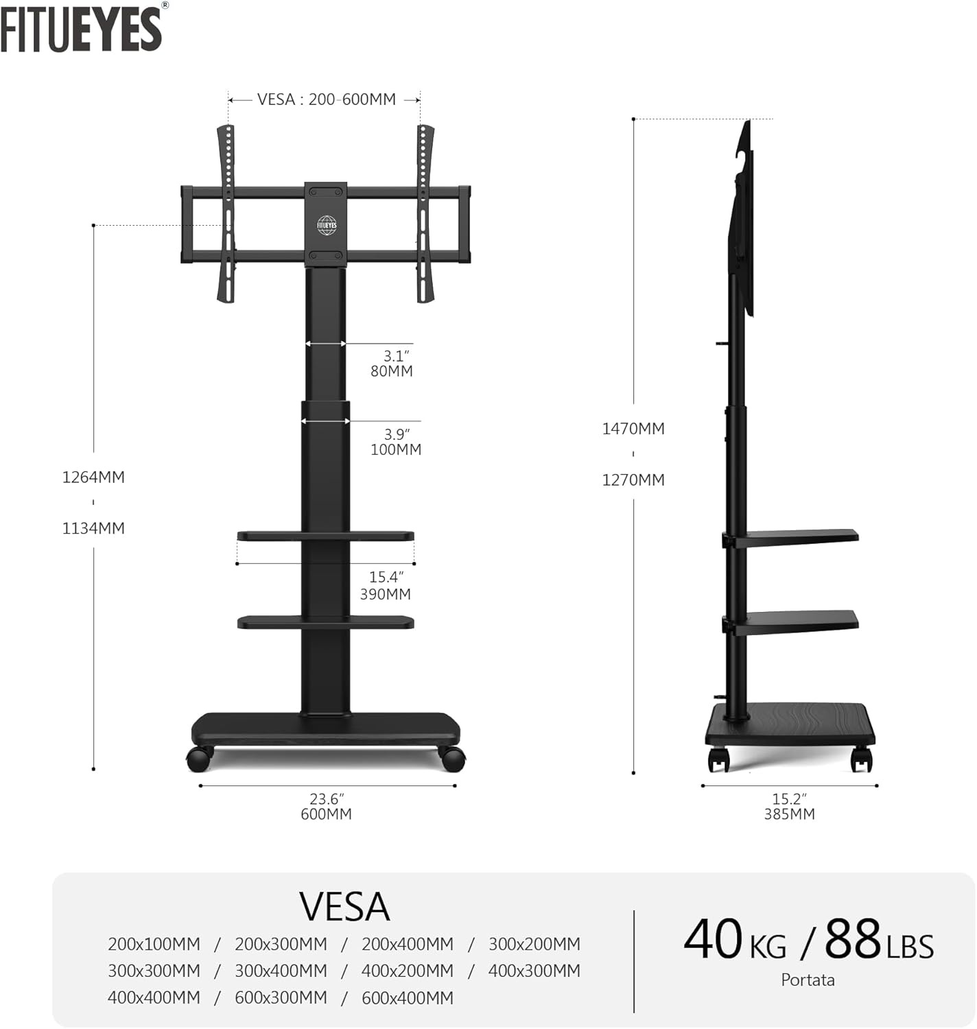 FITUEYES tv standaard verrijdbaar met hout-voet voor 32-70 inch, Draaibaar & Hoogte verstelbaar tv stand trolley wheel, universal vloerstandaard op wielen Max VESA 600x400mm