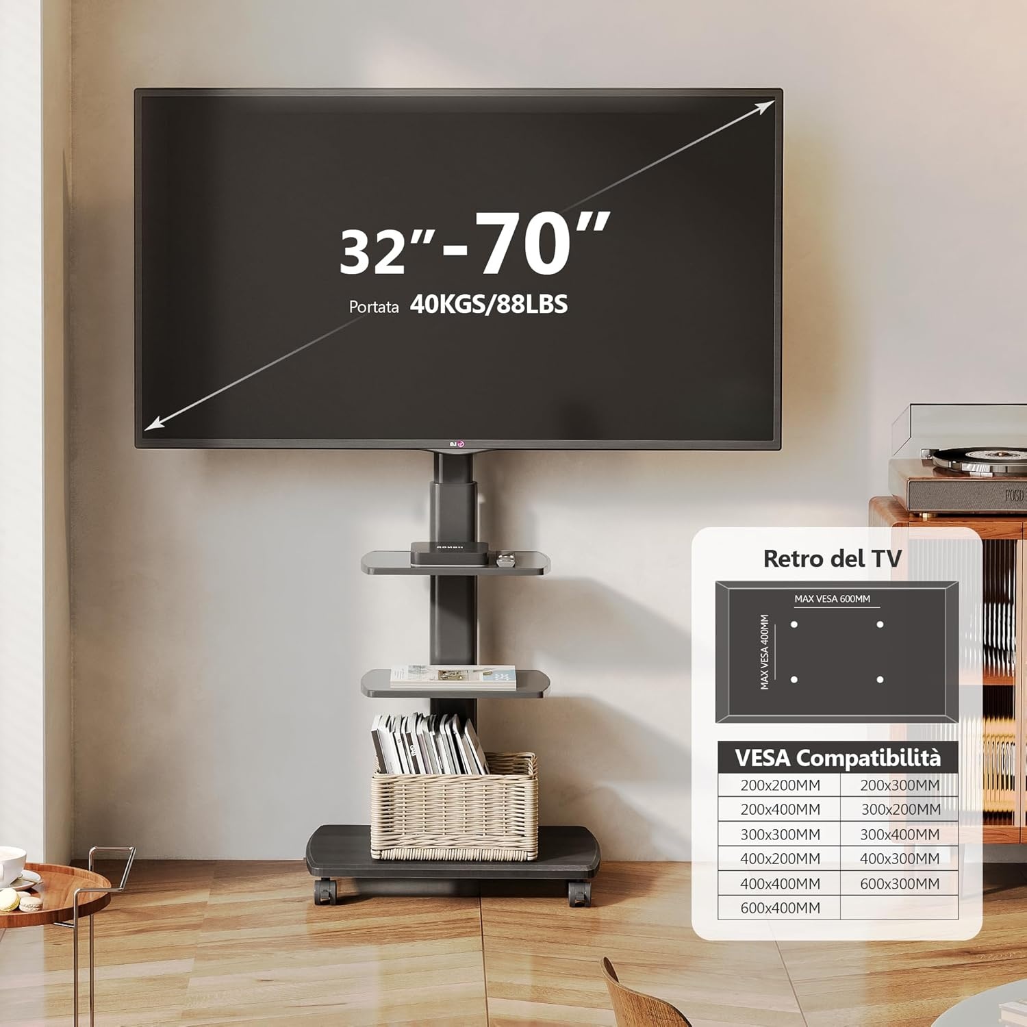 FITUEYES tv standaard verrijdbaar met hout-voet voor 32-70 inch, Draaibaar & Hoogte verstelbaar tv stand trolley wheel, universal vloerstandaard op wielen Max VESA 600x400mm