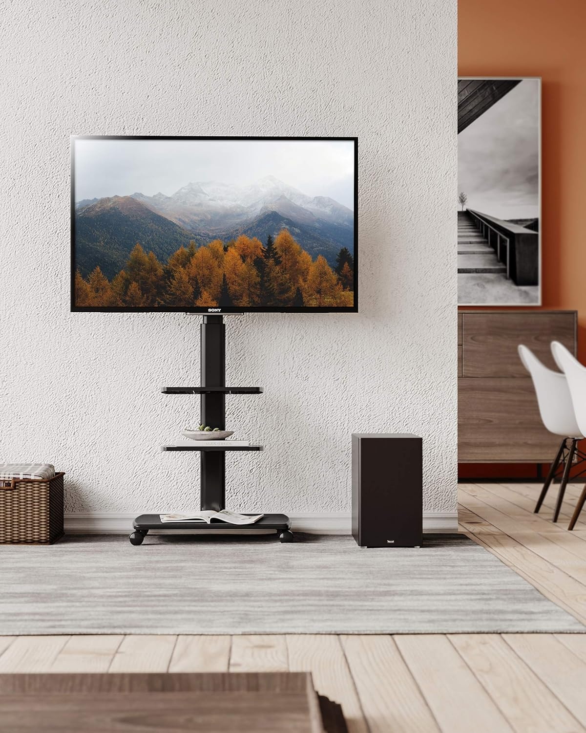 FITUEYES tv standaard verrijdbaar met hout-voet voor 32-70 inch, Draaibaar & Hoogte verstelbaar tv stand trolley wheel, universal vloerstandaard op wielen Max VESA 600x400mm