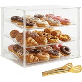 3 Tray Countertop Bakkerij Vitrine met Magnetische Achterdeuren - 52,8 cm x 40 cm x 42,9 cm Acryl Gebak Vitrine met Verwijderbare Trays & Stalen Tang, Voedsel Vitrine voor Donut Brood Cake