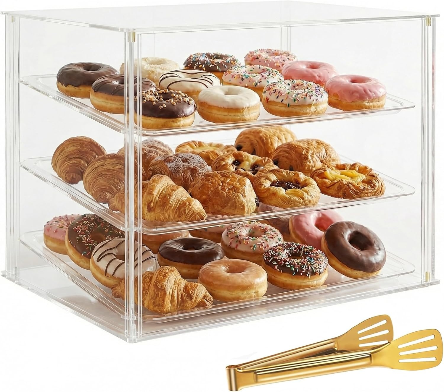 3 Tray Countertop Bakkerij Vitrine met Magnetische Achterdeuren - 52,8 cm x 40 cm x 42,9 cm Acryl Gebak Vitrine met Verwijderbare Trays & Stalen Tang, Voedsel Vitrine voor Donut Brood Cake