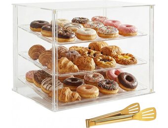 3 Tray Countertop Bakkerij Vitrine met Magnetische Achterdeuren - 52,8 cm x 40 cm x 42,9 cm Acryl Gebak Vitrine met Verwijderbare Trays & Stalen Tang, Voedsel Vitrine voor Donut Brood Cake