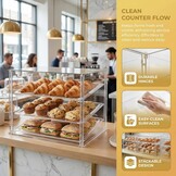 3 Tray Countertop Bakkerij Vitrine met Magnetische Achterdeuren - 52,8 cm x 40 cm x 42,9 cm Acryl Gebak Vitrine met Verwijderbare Trays & Stalen Tang, Voedsel Vitrine voor Donut Brood Cake