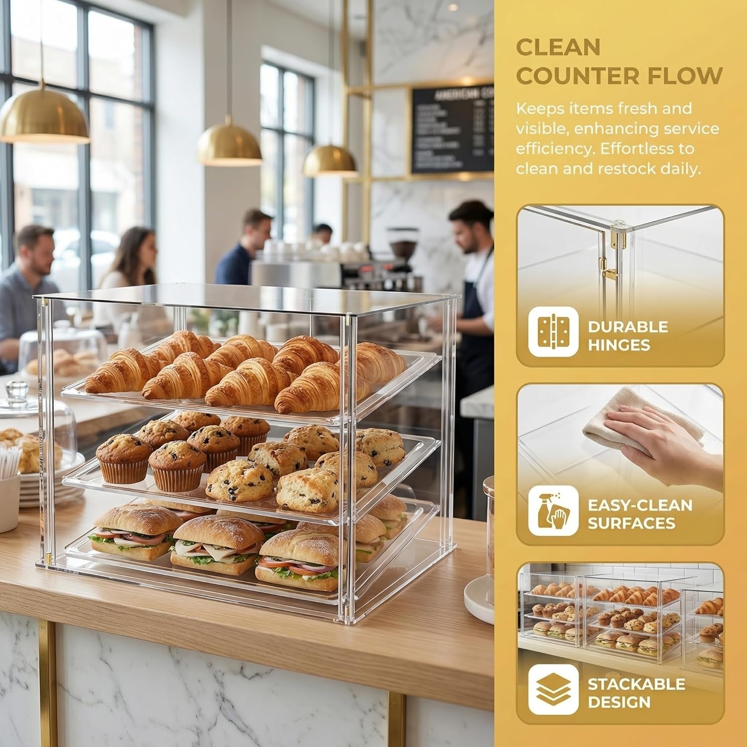 3 Tray Countertop Bakkerij Vitrine met Magnetische Achterdeuren - 52,8 cm x 40 cm x 42,9 cm Acryl Gebak Vitrine met Verwijderbare Trays & Stalen Tang, Voedsel Vitrine voor Donut Brood Cake