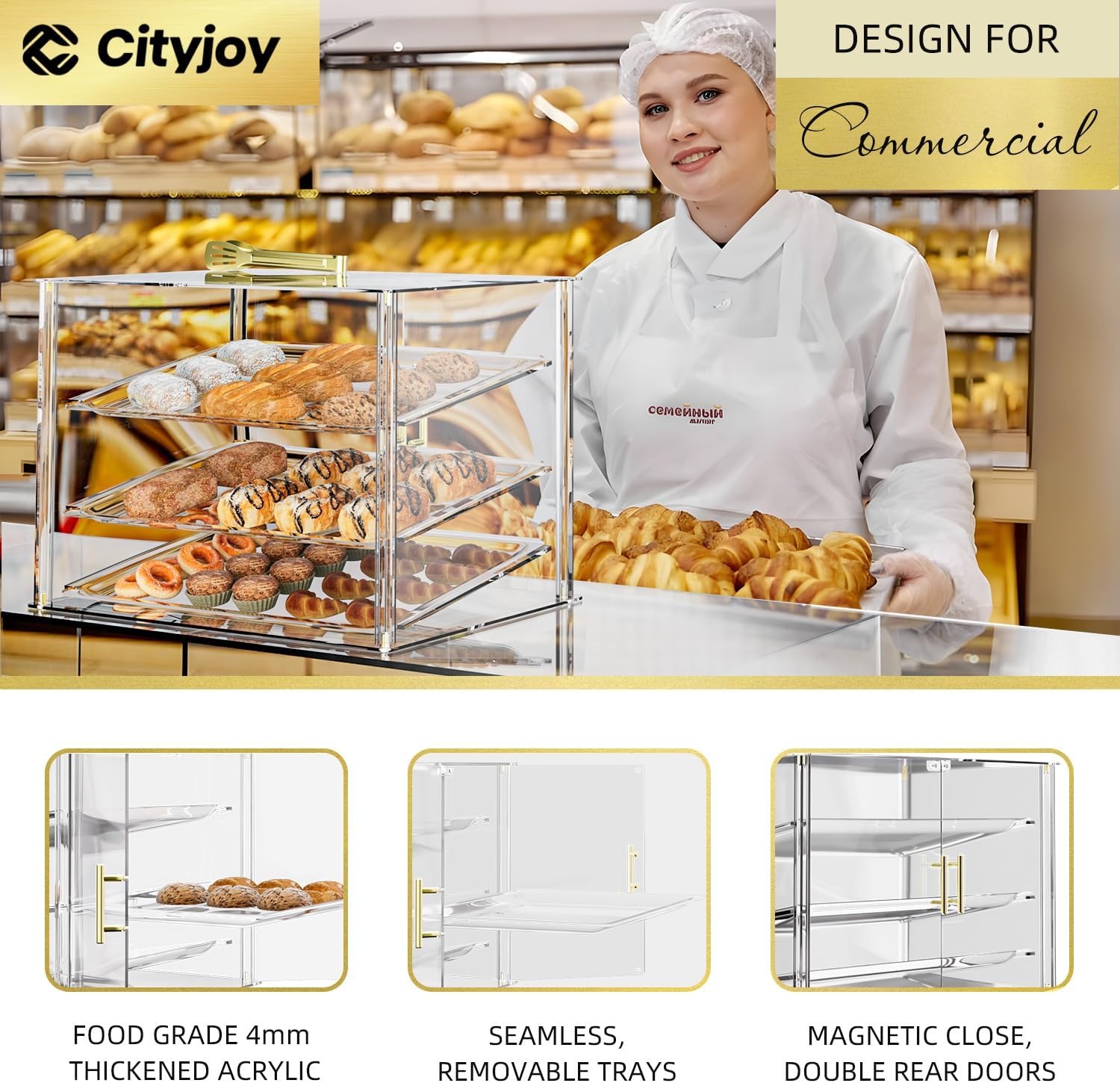 3 Tray Countertop Bakkerij Vitrine met Magnetische Achterdeuren - 52,8 cm x 40 cm x 42,9 cm Acryl Gebak Vitrine met Verwijderbare Trays & Stalen Tang, Voedsel Vitrine voor Donut Brood Cake