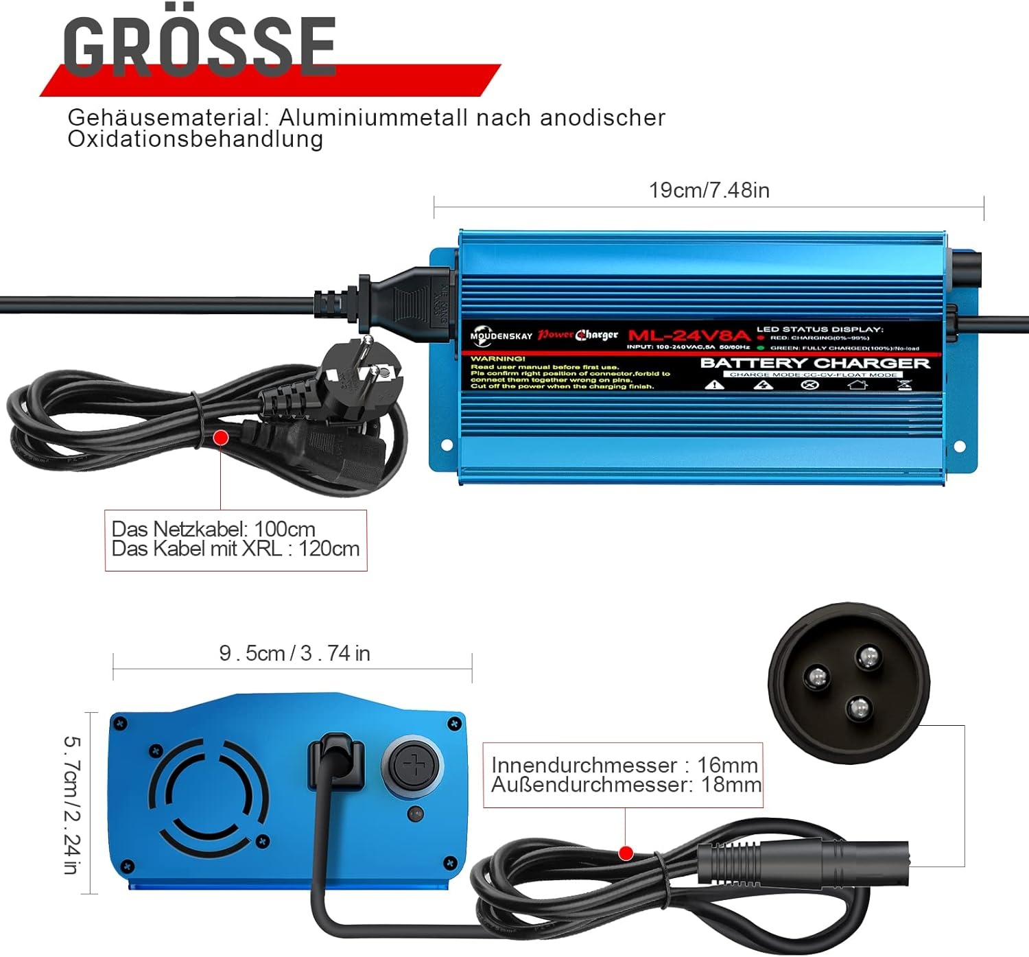 MOUDENSKAY 24V 8A Slimme Automatische Acculader met XLR Connector voor Scooter, Rolstoel, Motor, en Auto