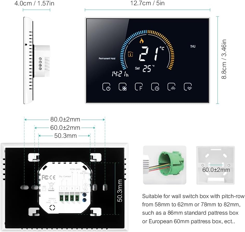 Programmeerbare Thermostaat 4,8 inch kleurrijk LCD touchscreen met achtergrondverlichting | WiFi, UV-index, vochtweergave, vergrendelfunctie, spraakbe