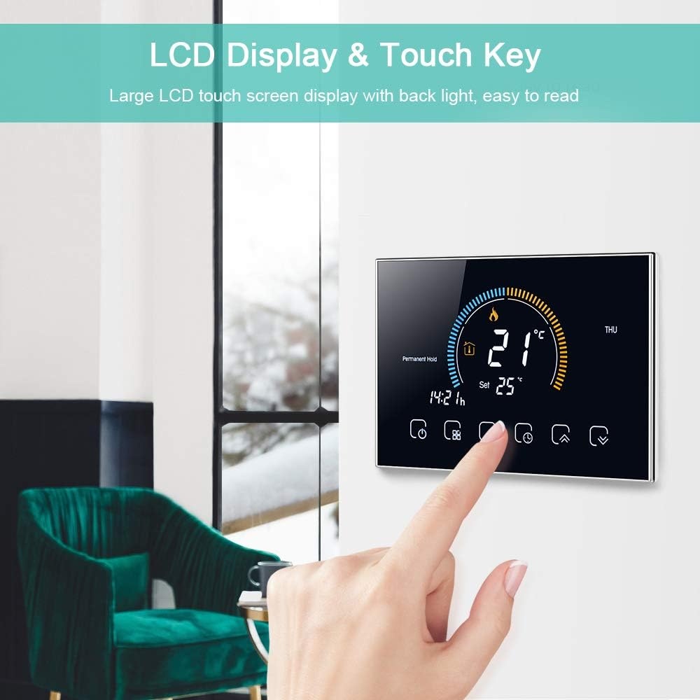 Programmeerbare Thermostaat 4,8 inch kleurrijk LCD touchscreen met achtergrondverlichting | WiFi, UV-index, vochtweergave, vergrendelfunctie, spraakbe
