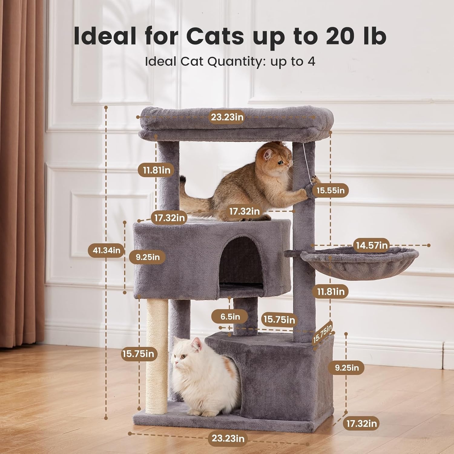 Gardner Pet Kattenboom van 105 cm voor middelgrote katten, zware kattentoren met palen van 2,8 inch en wasbare bovenzitstokken, ruimtebesparend kattenmeubilair voor appartementen, eenvoudig te