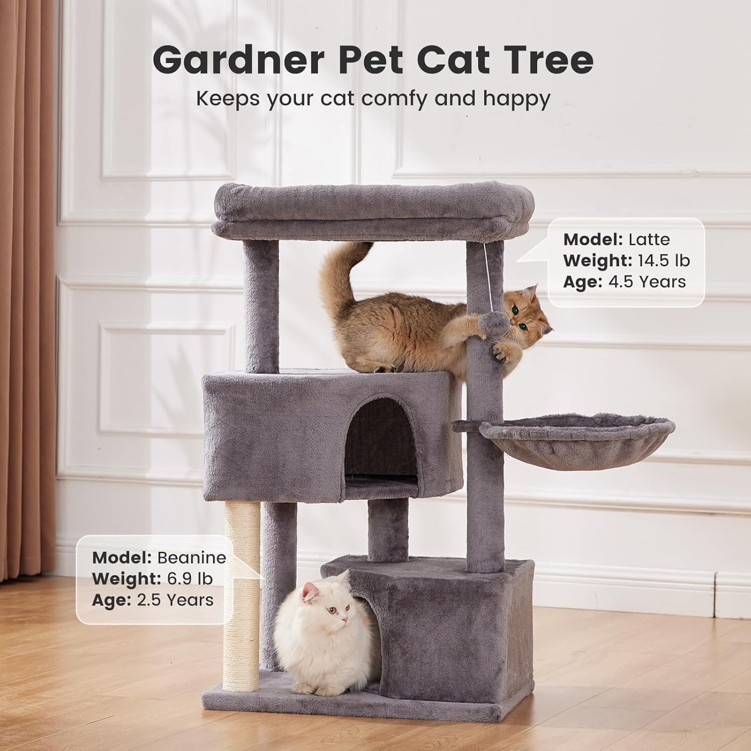 Gardner Pet Kattenboom van 105 cm voor middelgrote katten, zware kattentoren met palen van 2,8 inch en wasbare bovenzitstokken, ruimtebesparend kattenmeubilair voor appartementen, eenvoudig te
