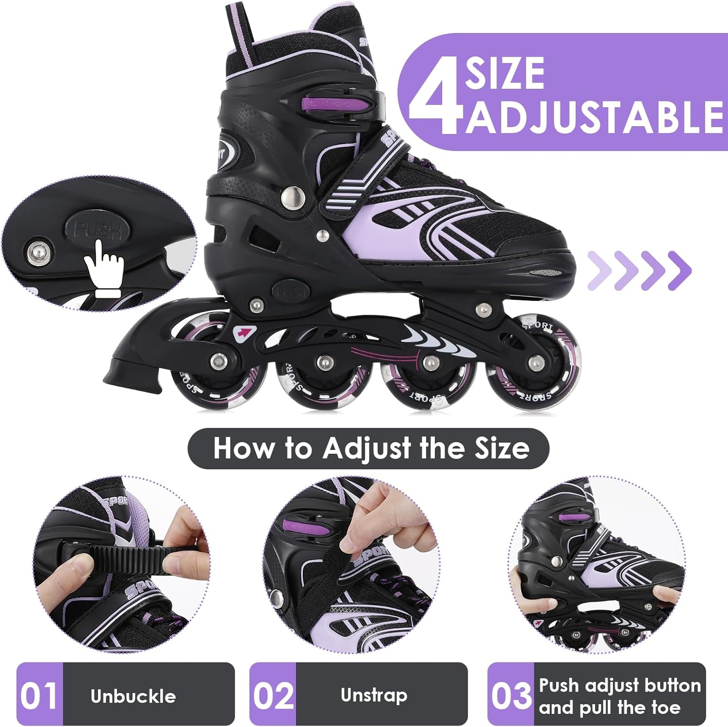 TOMSHOO Inlineskates, rolschaatsen, inline skates met 4 maten verstelbaar, led-wielen, meerdere maatopties, inline skates voor kinderen, volwassenen, jongens en meisjes