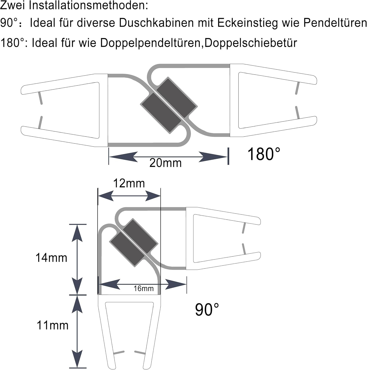 KOOBON Magneetafdichting, set van 2 (4 stuks), lengte 100 cm, glasdikte 6 mm, 7 mm, 8 mm, magneetdoucheafdichting voor douchedeuren, doucheafdichting, magnetische reserveafdichting, magnetisch, voor