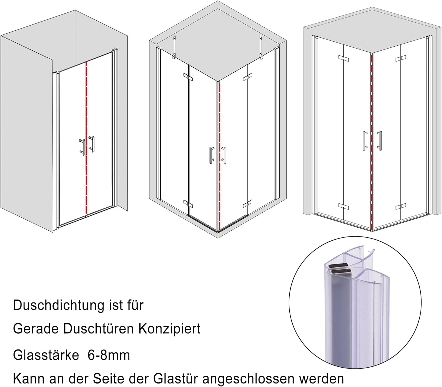 KOOBON Magneetafdichting, set van 2 (4 stuks), lengte 100 cm, glasdikte 6 mm, 7 mm, 8 mm, magneetdoucheafdichting voor douchedeuren, doucheafdichting, magnetische reserveafdichting, magnetisch, voor