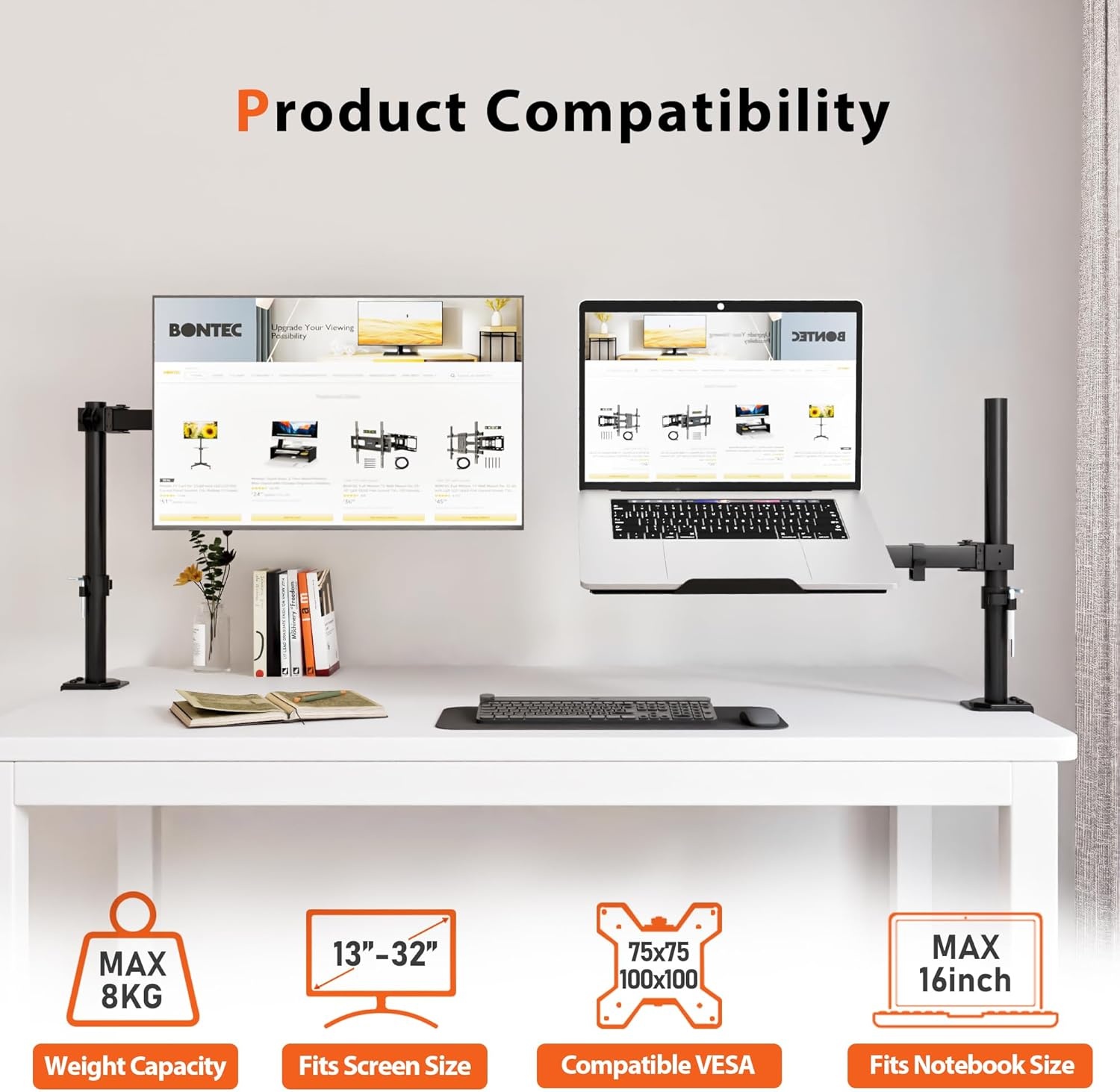 REDBAT-monitorarm met geventileerde laptoplade, volledig verstelbaar voor 13-32 inch LCD LED-schermen en notebooks tot 16 inch, met 2 montageopties, kantelen, zwenken en roteren