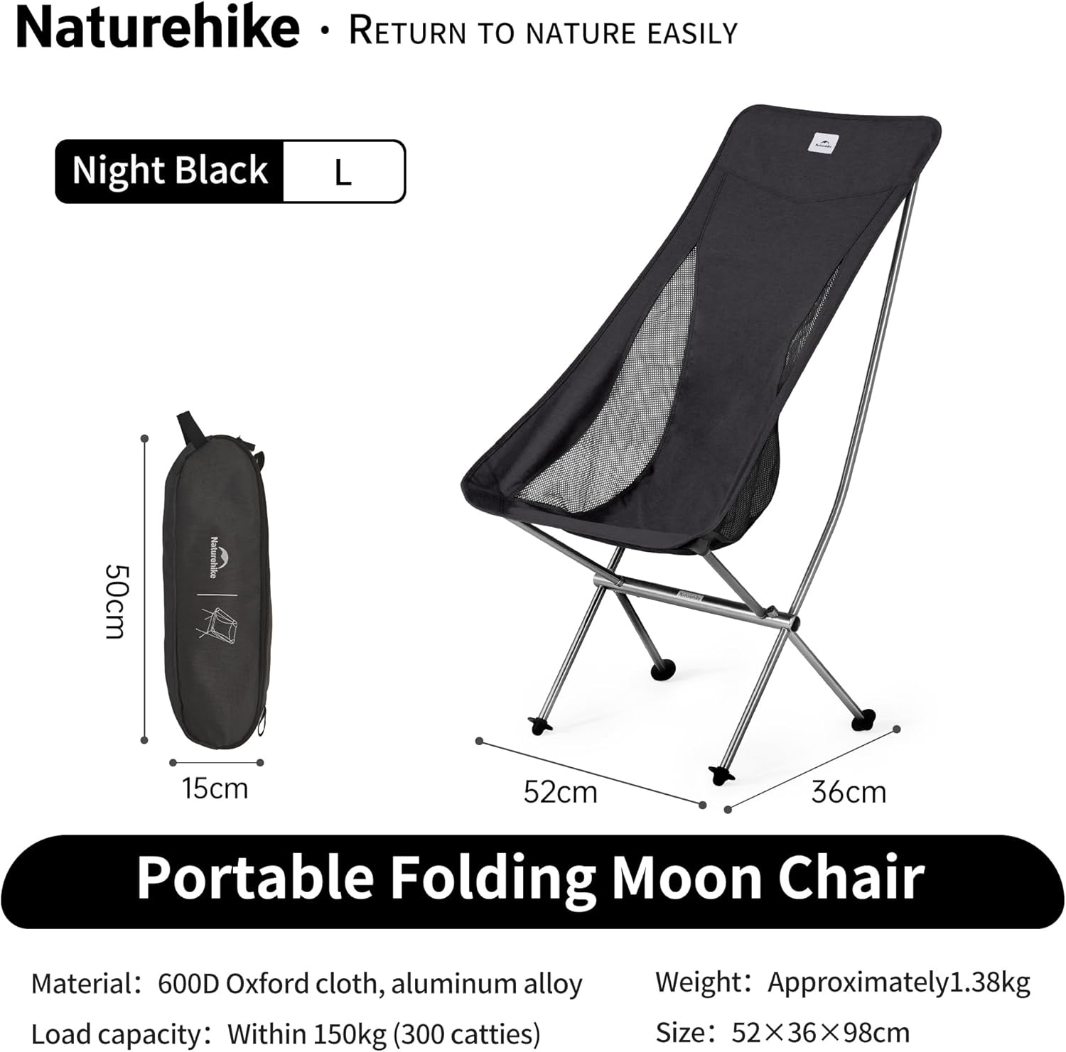Campingstoel Opvouwbaar Ultralicht Zwart L | 150 kg draagvermogen | 600D Oxford Ademend Mesh | voor Kamperen Wandelen Vissen