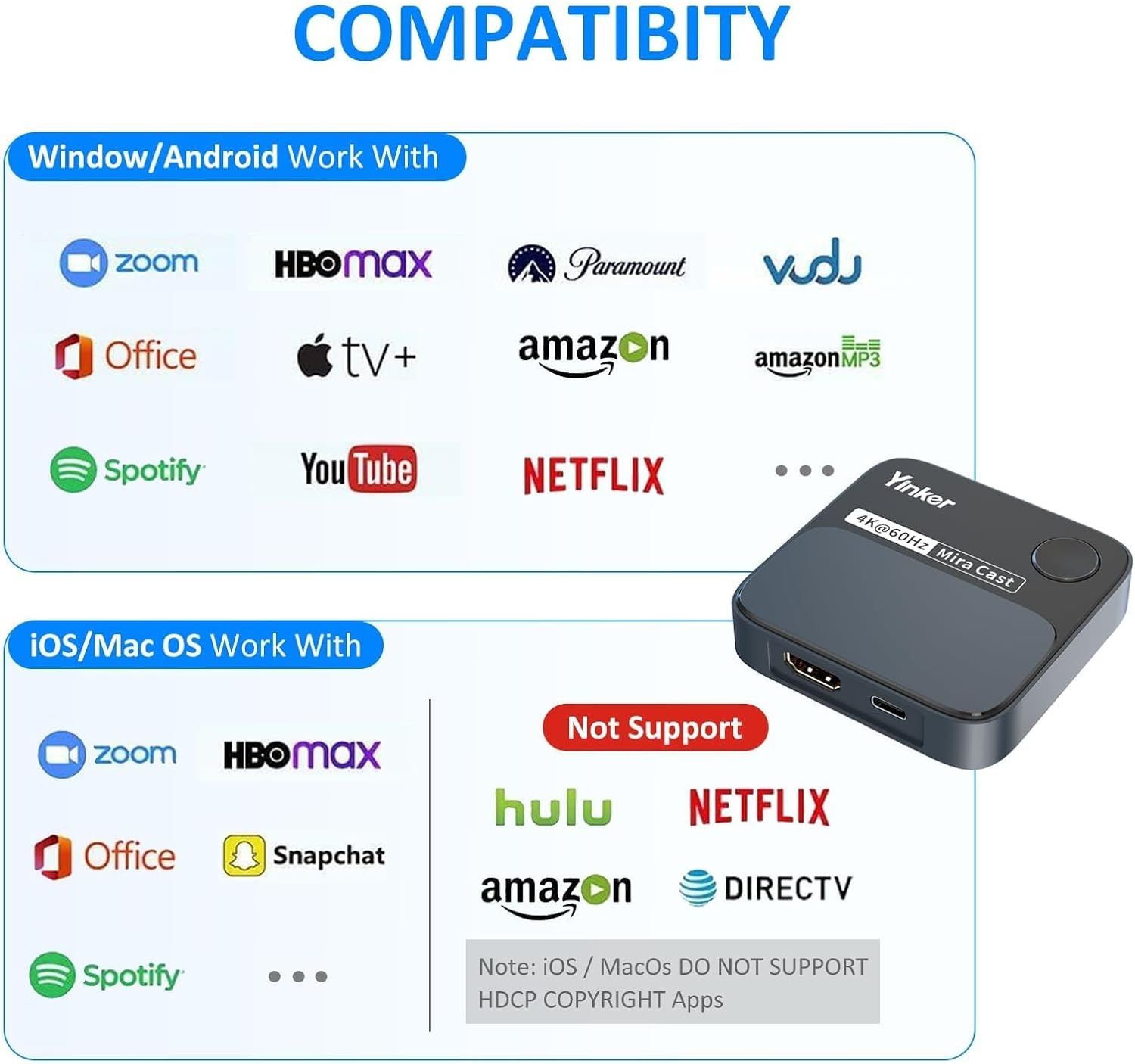 4K60Hz HDMI Wireless dongle Yinker 4K 60Hz 5G Miracast adapter voor iOS, MacOS Android Windows, compatibel met Miracast, Airplay, DLNA horizontaal of verticaal