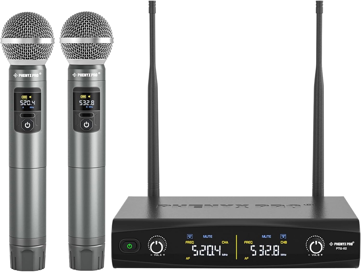 Phenyx Pro Microfoon Draadloos microfoonsysteem met koffer, draadloze handmicrofoonset voor zang, karaoke, kerk, 2 x 30 UHF instelbare frequenties, 200 ft bereik (PTU-52)