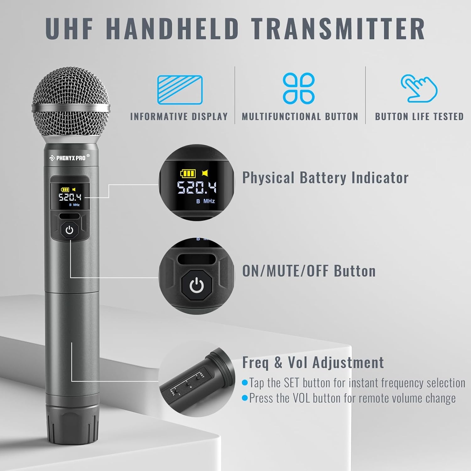 Phenyx Pro Microfoon Draadloos microfoonsysteem met koffer, draadloze handmicrofoonset voor zang, karaoke, kerk, 2 x 30 UHF instelbare frequenties, 200 ft bereik (PTU-52)