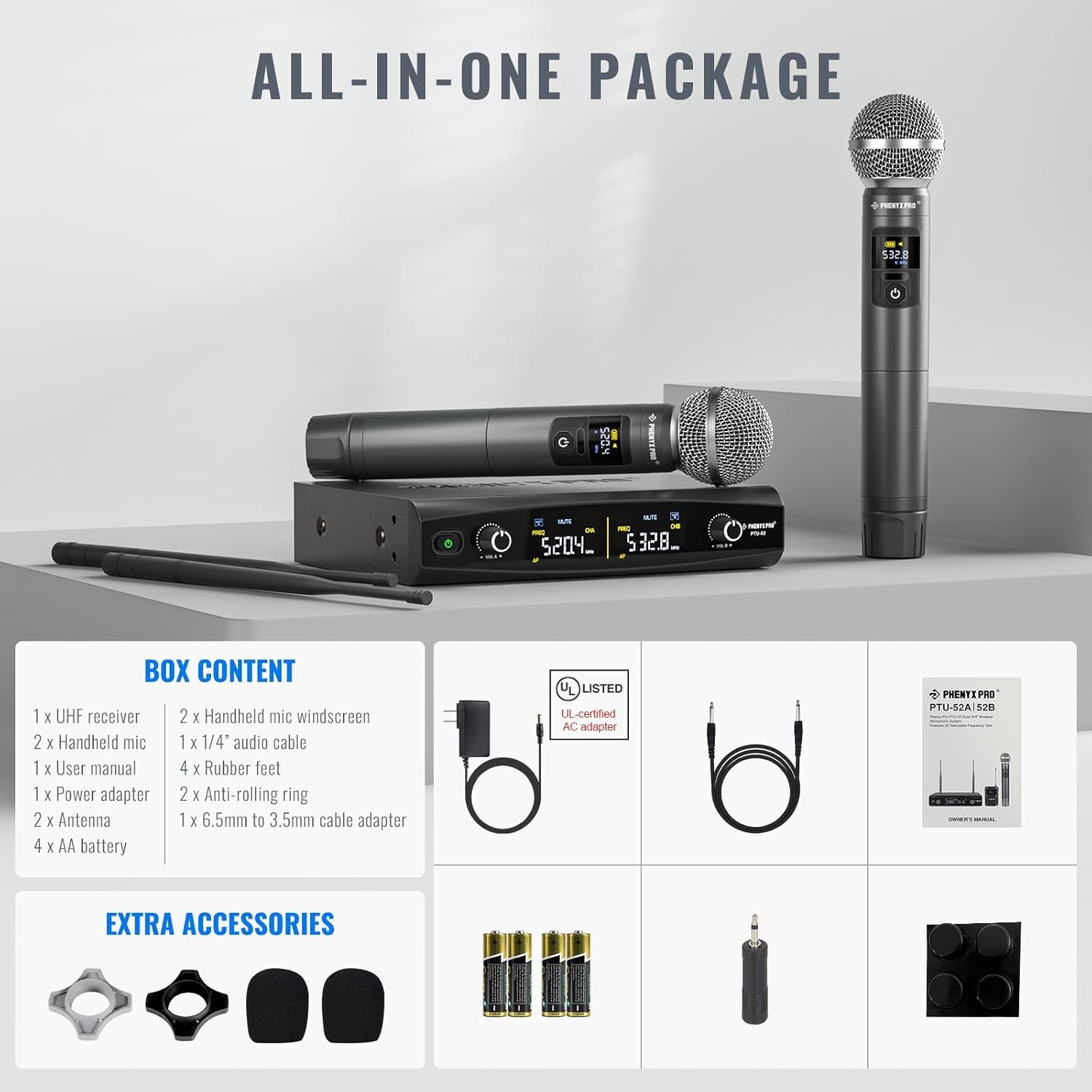 Phenyx Pro Microfoon Draadloos microfoonsysteem met koffer, draadloze handmicrofoonset voor zang, karaoke, kerk, 2 x 30 UHF instelbare frequenties, 200 ft bereik (PTU-52)