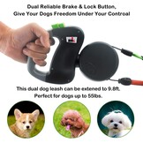 dubbele riem voor honden, intrekbaar dubbele hondenriem voor 2 honden, uittrekbaar tot 3 m, 22,7 kg, 15 stuks hondenafvalzakken