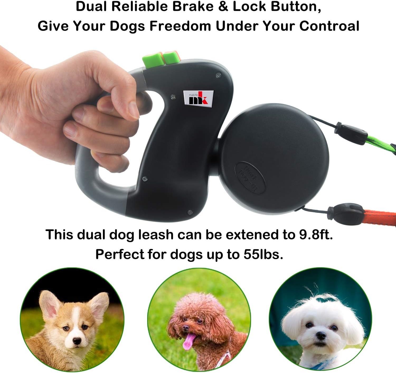 dubbele riem voor honden, intrekbaar dubbele hondenriem voor 2 honden, uittrekbaar tot 3 m, 22,7 kg, 15 stuks hondenafvalzakken