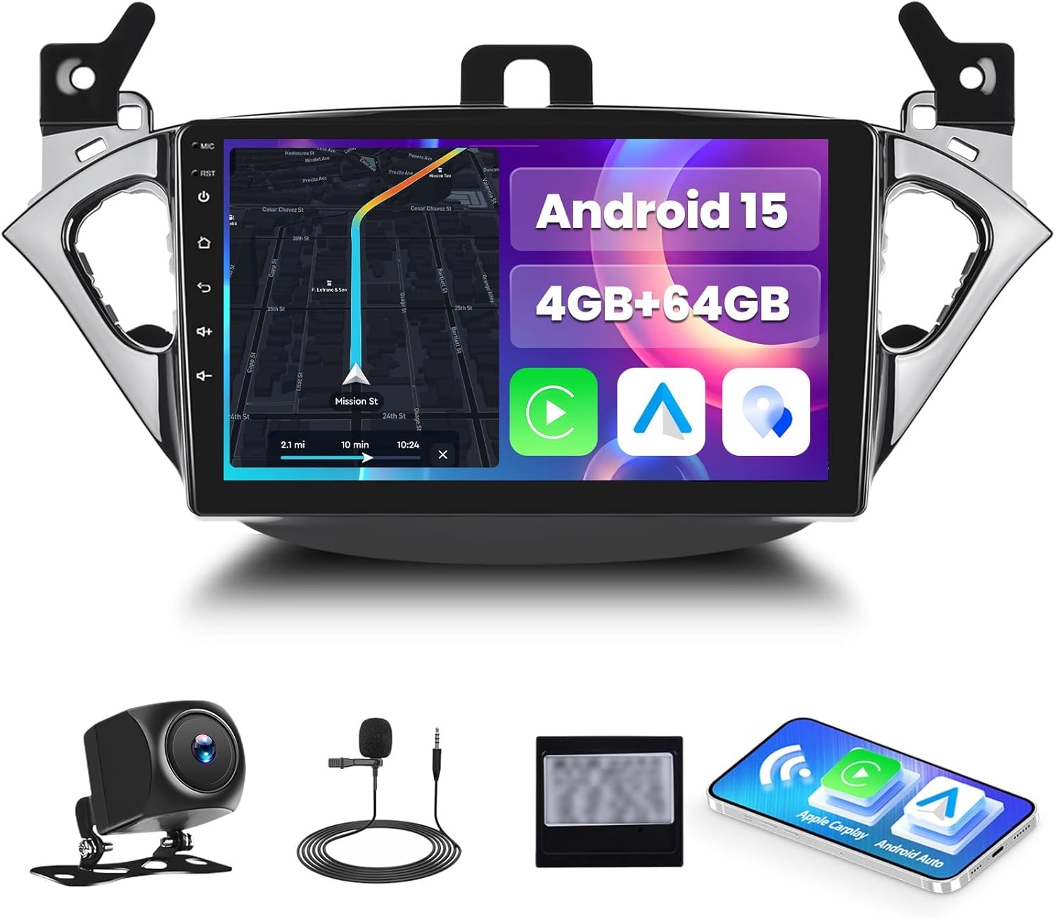 4G+64G GOHHDL Android 15 autoradio voor Opel Corsa E 2015-2019/Opel Adam 2013-2016 met Navi Carplay Android Auto, 9 inch 2Din autoradio met GPS WiFi Bluetooth FM/RDS radio SWC achteruitrijcamera & MIC