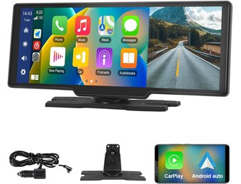 Podofo 10,26 inch draagbare autoradio met draadloos A-pple Carplay Android autorecorder scherm, 7-32V touchscreen met stemassistent/Bluetooth/FM zender/AUX/TF kaart