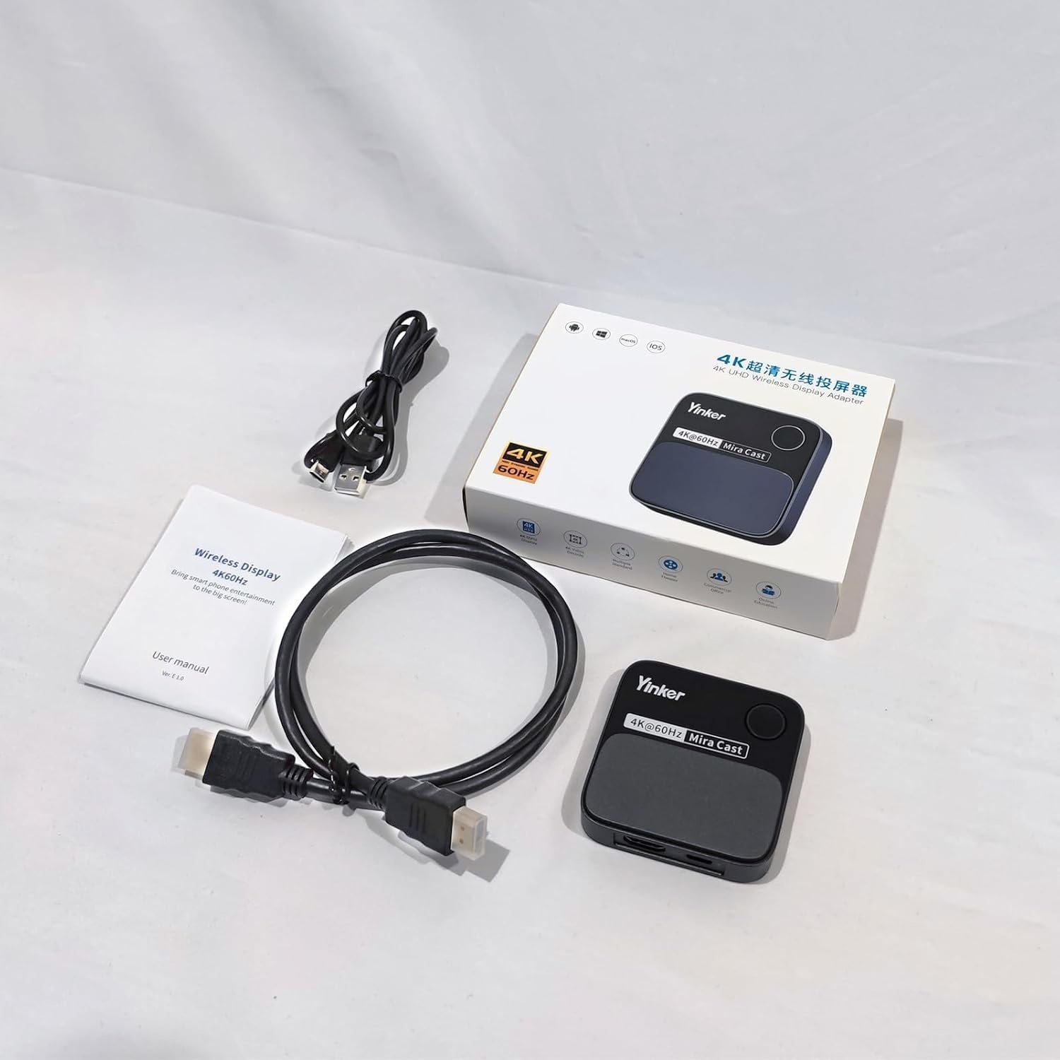 4K60Hz HDMI Wireless dongle Yinker 4K 60Hz 5G Miracast adapter voor iOS, MacOS Android Windows, compatibel met Miracast, Airplay, DLNA horizontaal of verticaal